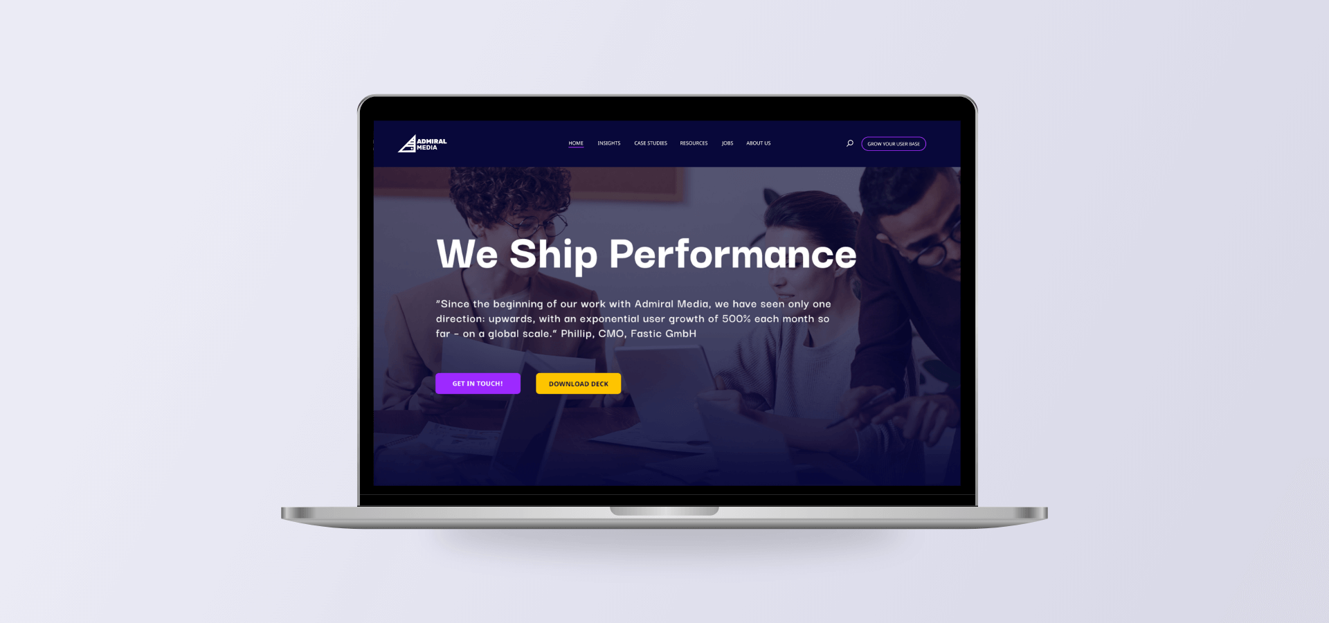 Admiral Media website shown on a laptop computer