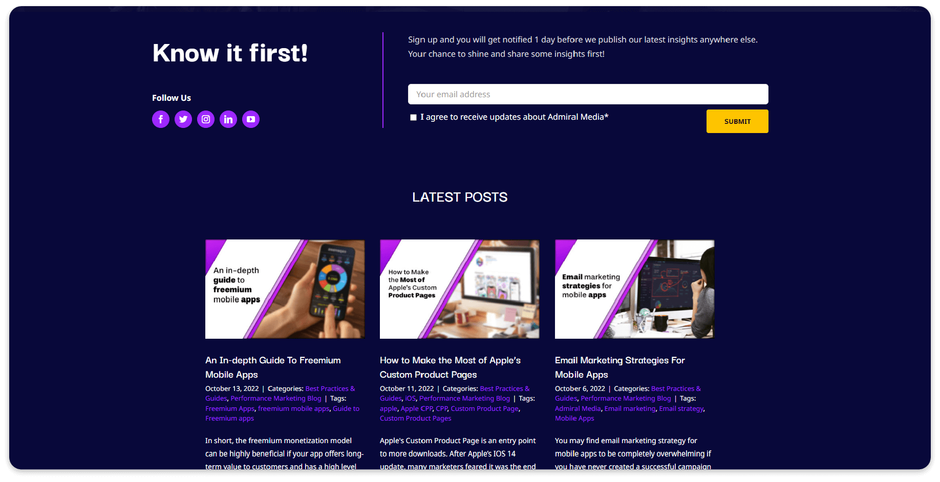 Blog page from the Admiral Media website developed by AGCS