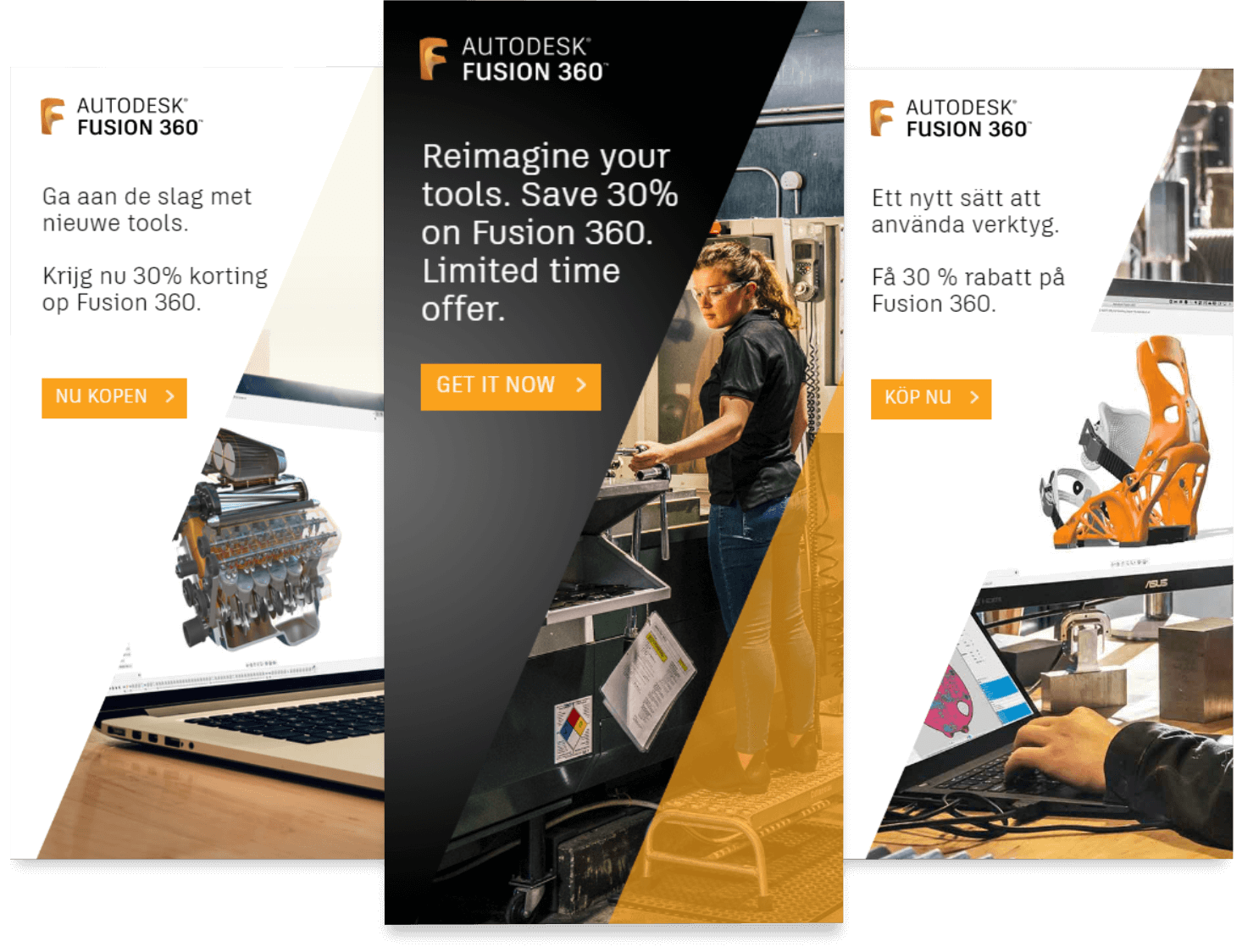 Autodesk fusion 360 Example of a banner ad adapted for different regions with language translation by AGCS