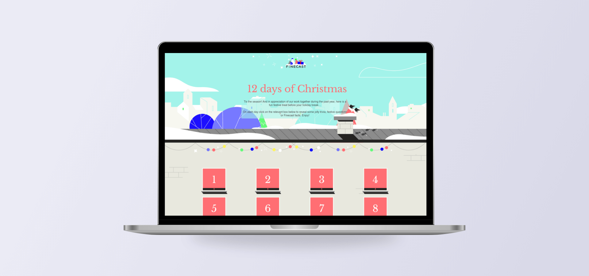 Finecast 12 Days of Christmas website shown on a laptop computer