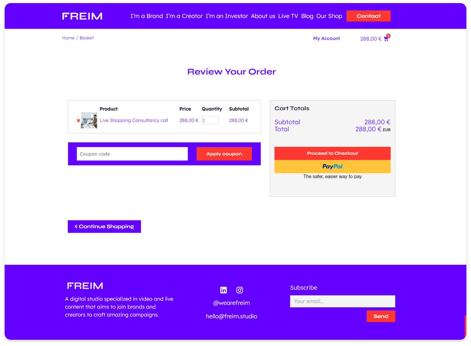 Checkout page from the Freim Studio website developed by AGCS
