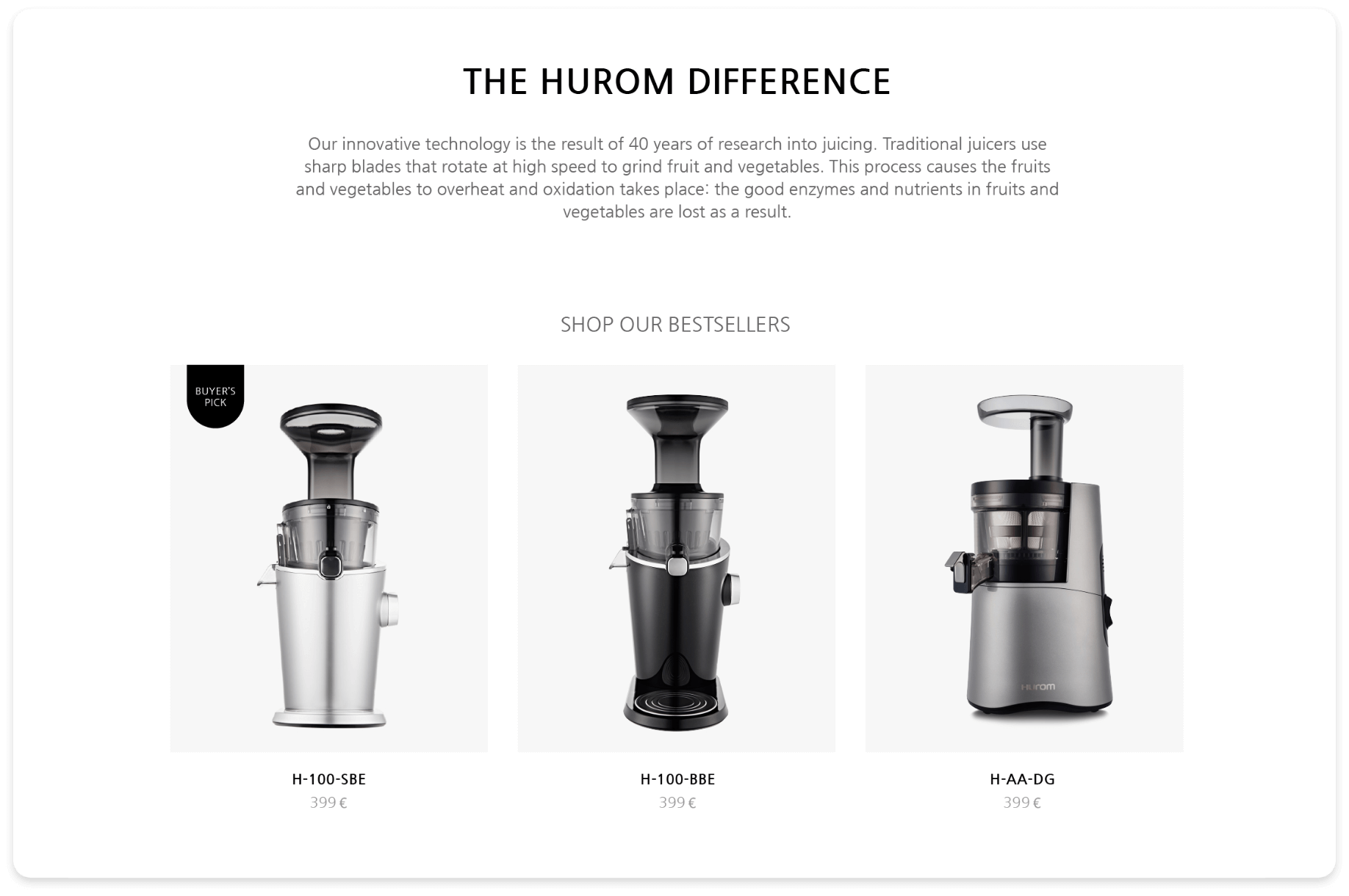 Product listing from the Hurom website developed by AGCS