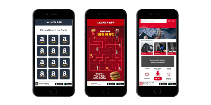 Examples of in-app playable and interactive ads used for mobile game marketing.