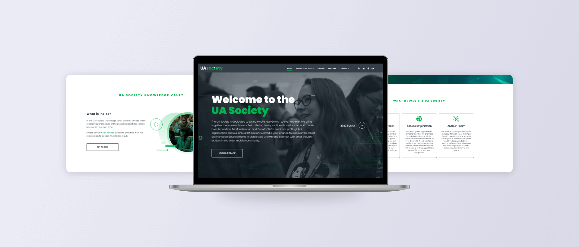 UA Society website shown on a laptop computer