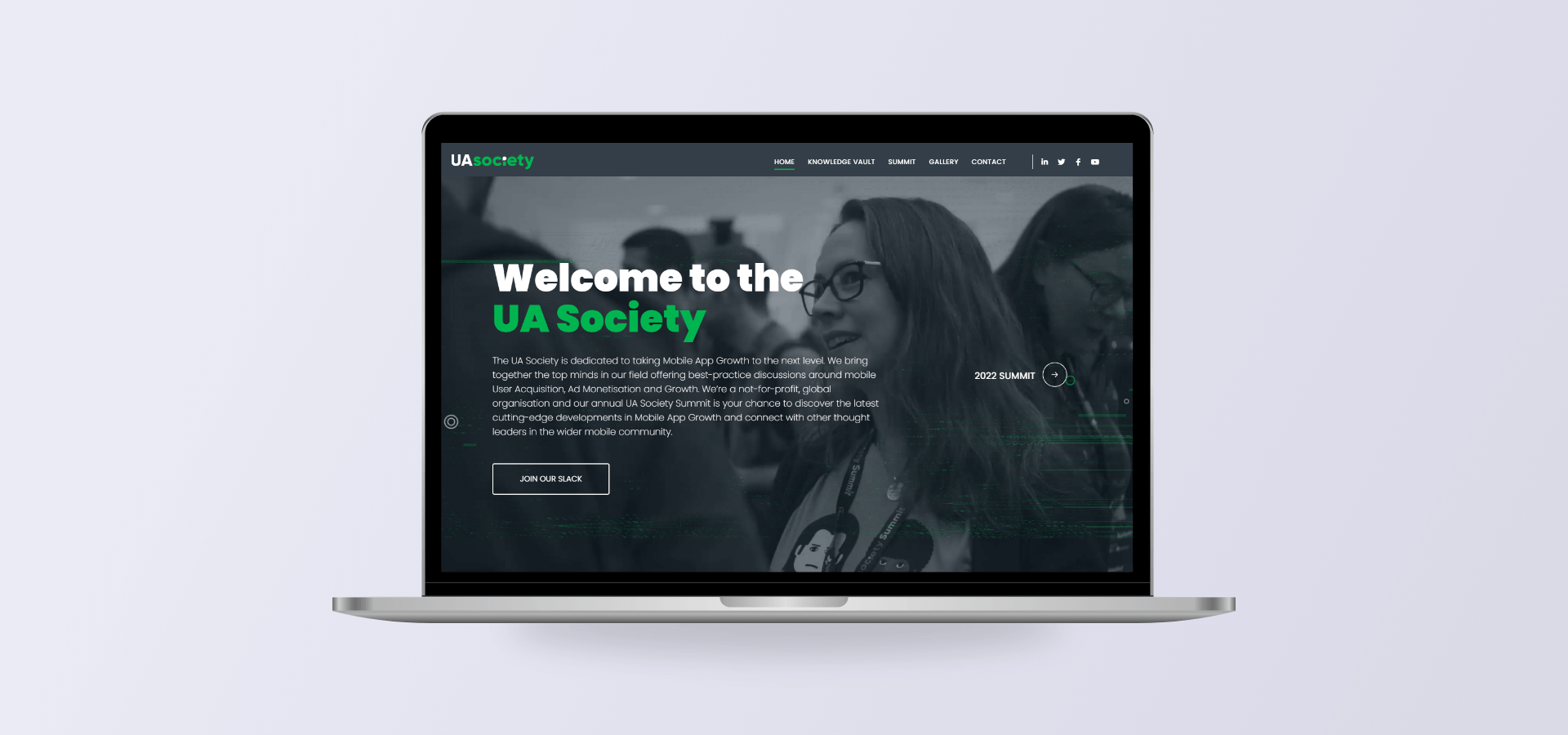 UA Society website shown on a laptop computer